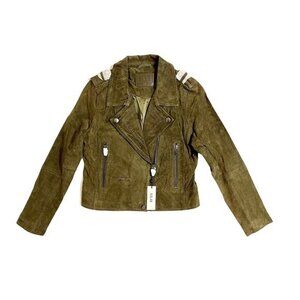 SL8 BlankNYC Moss Green Suede Leather Moto Jacket Zip  Asymmetric Crop SZ M NWT